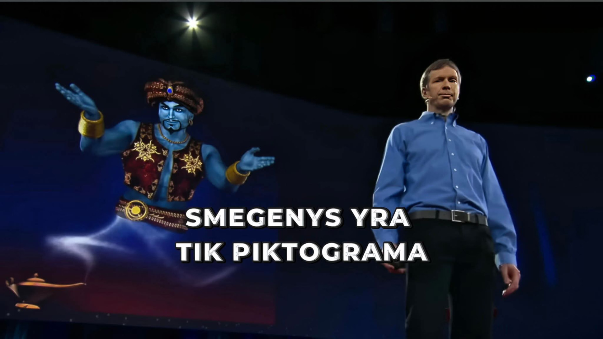 Donaldas Hoffmanas scenoje; užrašas: Smegenys yra tik piktograma.