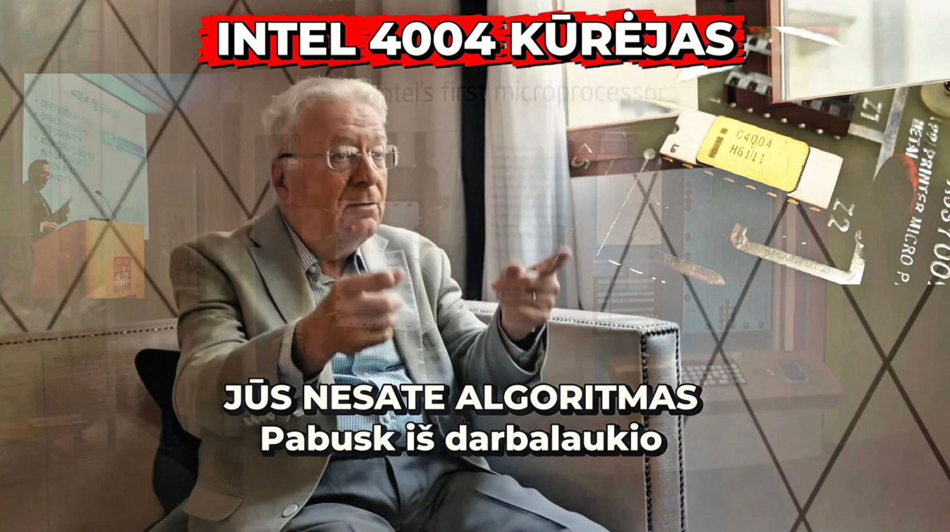 Federico Faginas; užrašas: INTEL 4004 KŪRĖJAS. JŪS NESATE ALGORITMAS. Pabusk iš darbalaukio.