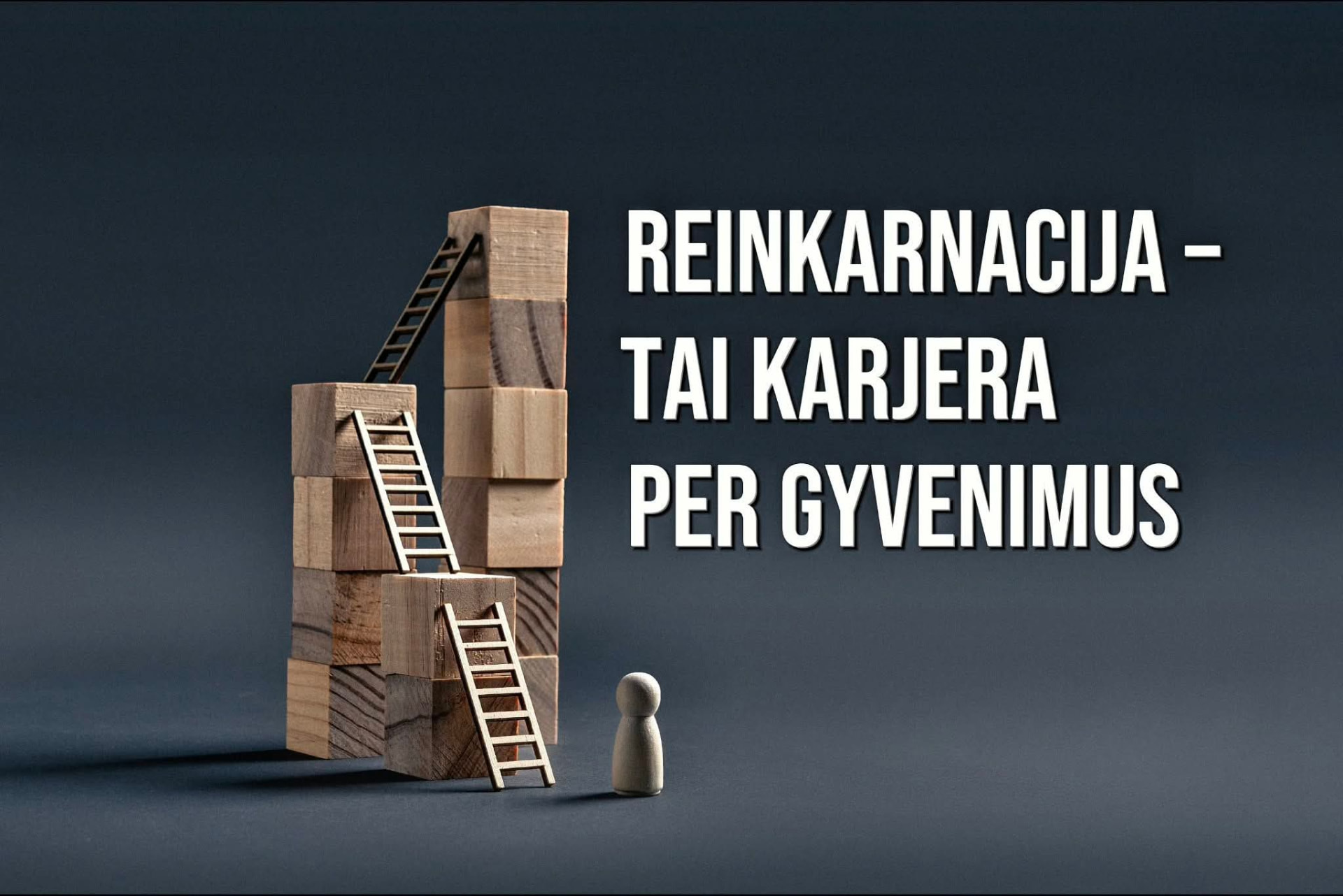 Mediniai blokai su kopėčiomis ir figūrėlė, užrašas „Reinkarnacija – tai karjera per gyvenimus“