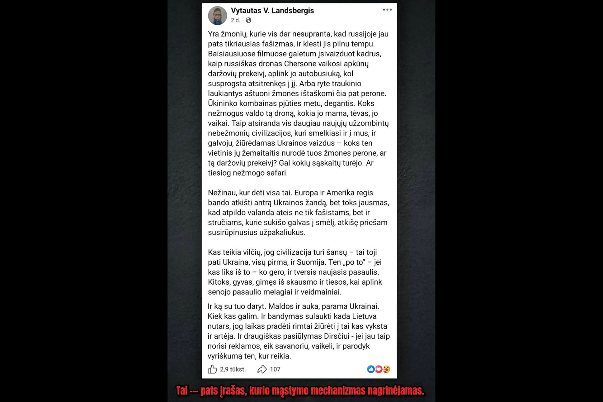 Vytauto V. Landsbergio Facebook įrašo ekrano nuotrauka — analizuojamas pirminis įrašas